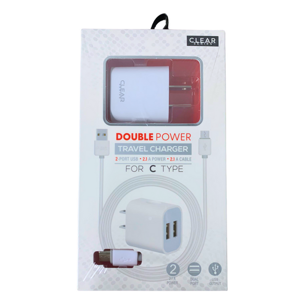 CLEAR Double Power Travel Charger C Type 2-Port USB-Bulk Depot