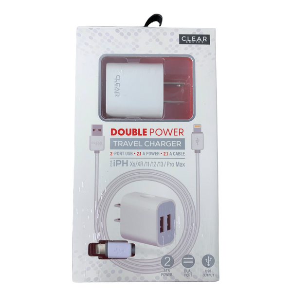CLEAR Double Power Travel Charger for iPhone 2-Port USB-Bulk Depot