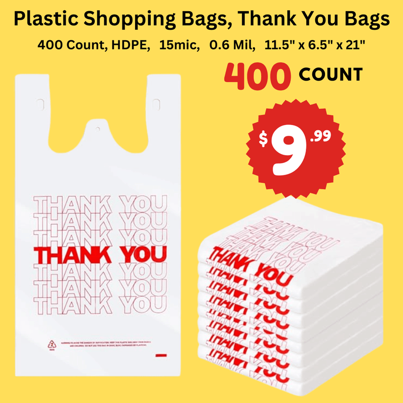 1/6 White Flower "THANK YOU" Plastic Bags, 15 Mic, 400 Bags - Bulk Depot