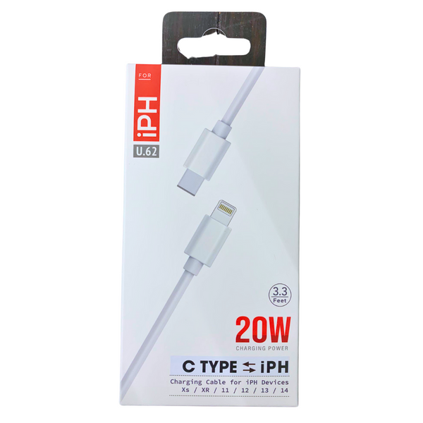 CLEAR U-62 Charging Cable Type C to iPhone 20W Charging Power 3.3 Feet-Bulk Depot