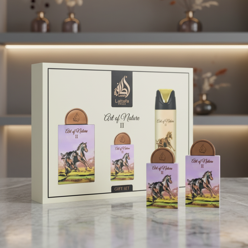 Lattafa Pride Art of Nature II Gift Set – Eau de Parfum 100 mL + Perfume Spray 200 mL + Pocket Perfume 20 mL