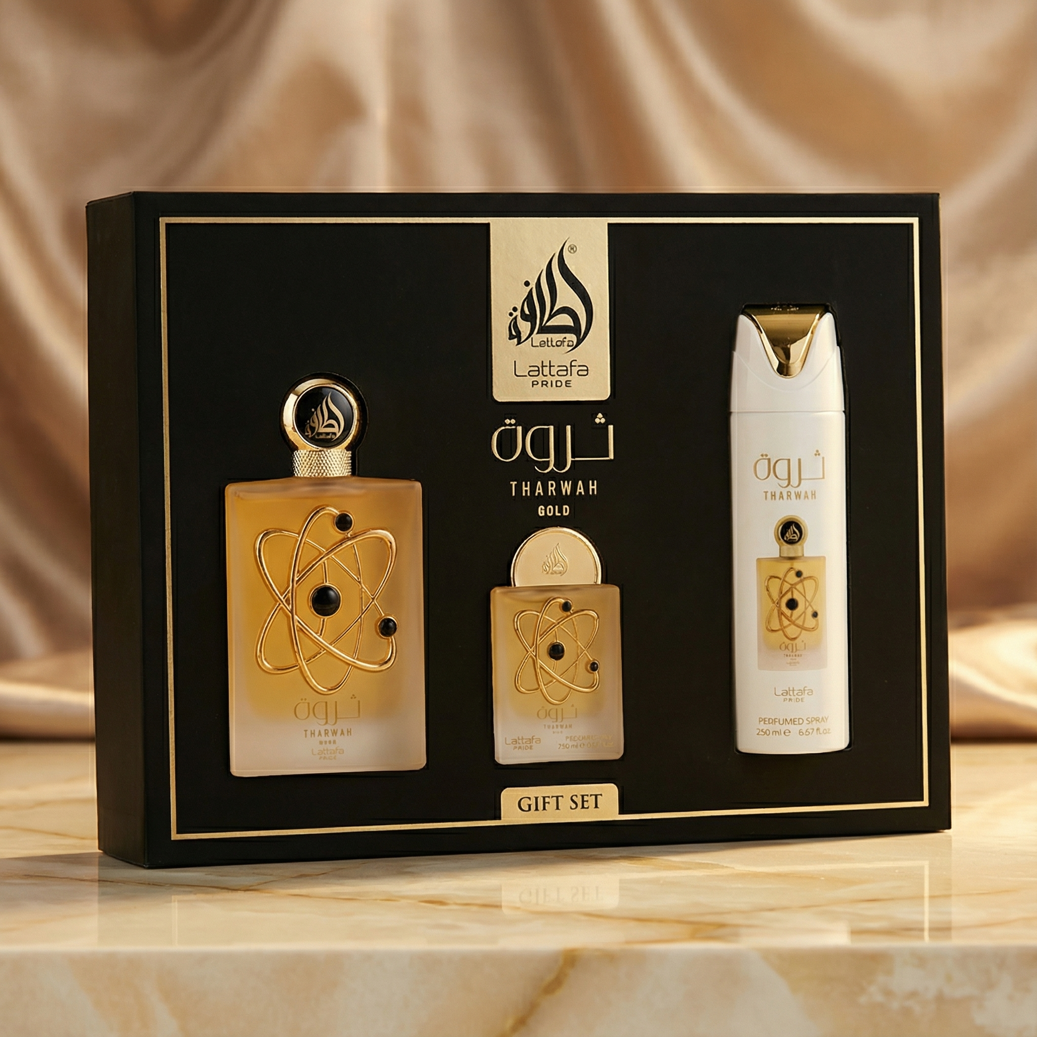 Lattafa Pride Tharwah Gold Gift Set – Eau de Parfum 100 mL + Perfume Spray 200 mL + Pocket Perfume 20 mL