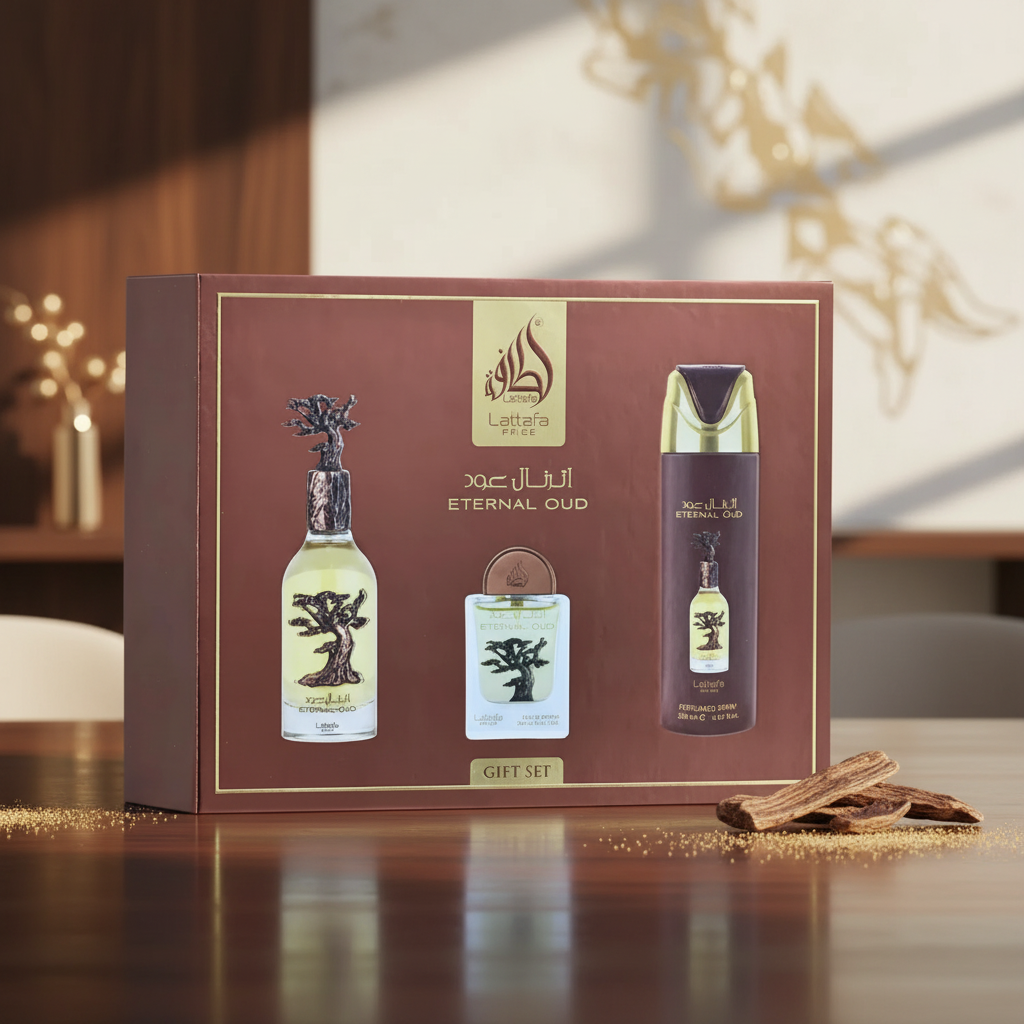 Lattafa Pride Eternal Oud Gift Set – Eau de Parfum 100 mL + Perfume Spray 200 mL + Pocket Perfume 20 mL