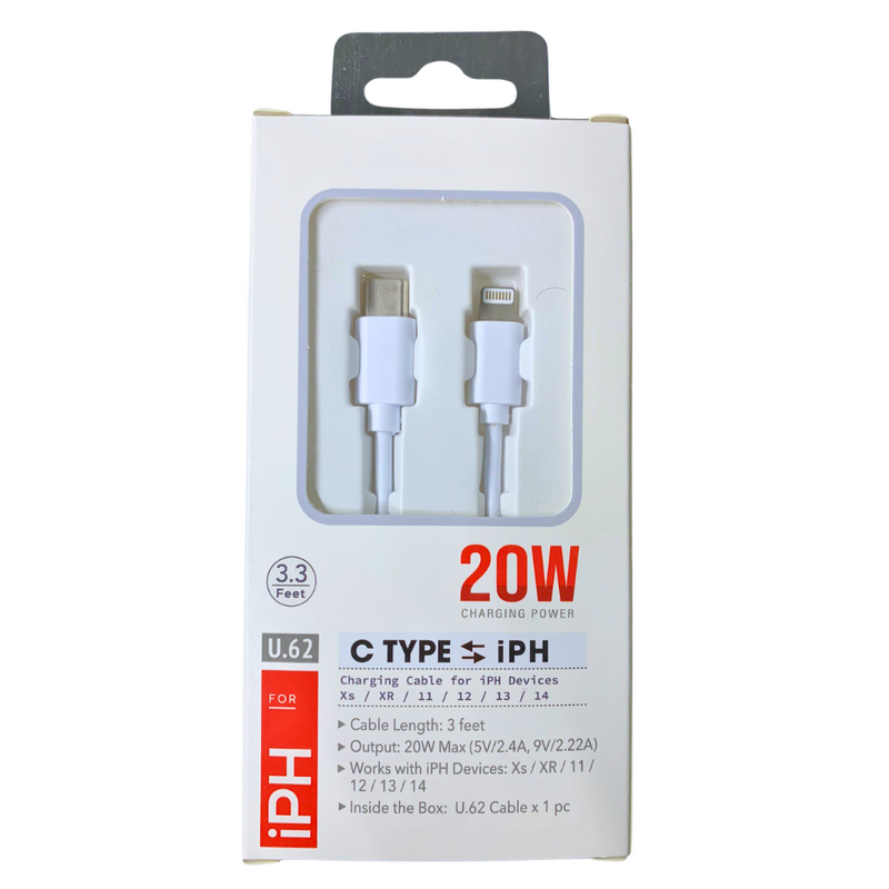 CLEAR U-62 Charging Cable Type C to iPhone 20W Charging Power 3.3 Feet-Bulk Depot