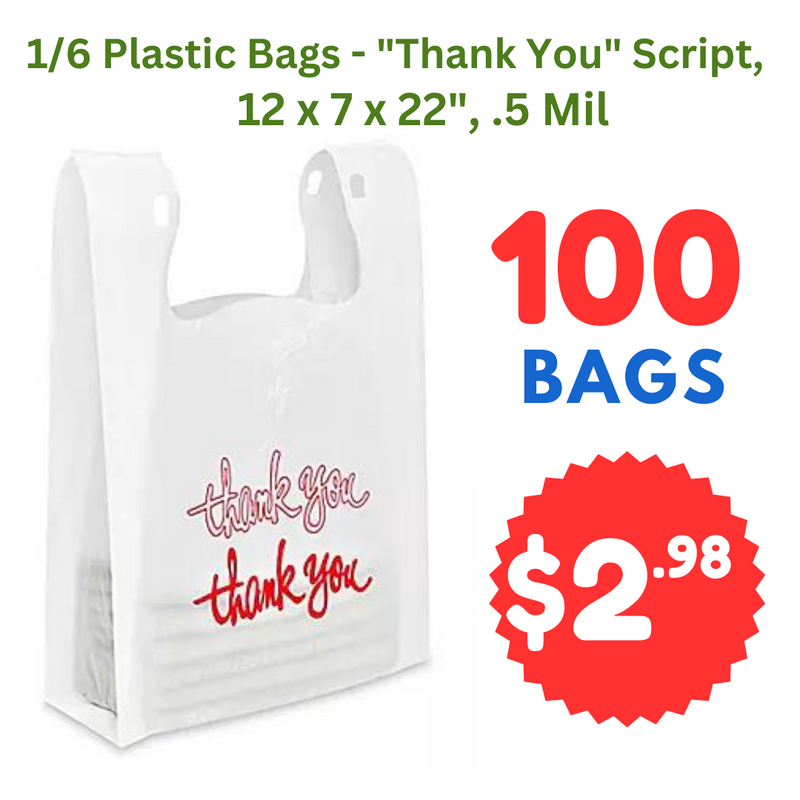 (Pack of 100) 1/6 White "Thank You" Plastic Shopping Bags Large 21 x 6.5 x 11.5