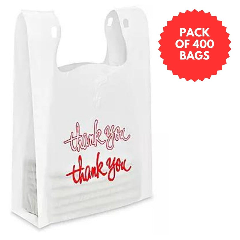 (Pack of 400 bags) 1/6 White Flower "THANK YOU" 25 MIC Plastic Bag-Bulk Depot