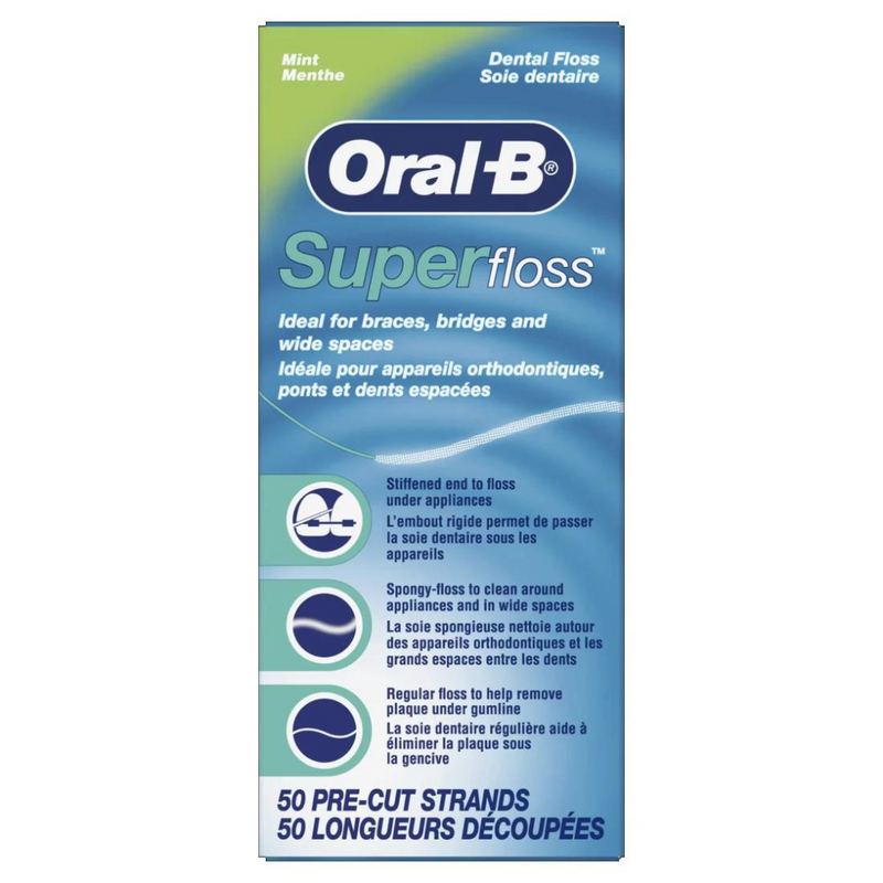 (24 pk) Oral-B Super Floss Pre-Cut Strands, Dental Floss for Bridges, Braces and Wide Spaces 50 Strands - 50ct