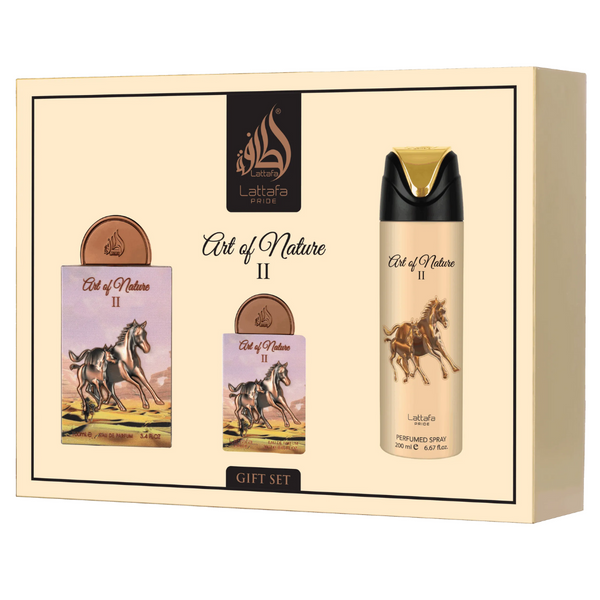 Lattafa Pride Art of Nature II Gift Set – Eau de Parfum 100 mL + Perfume Spray 200 mL + Pocket Perfume 20 mL