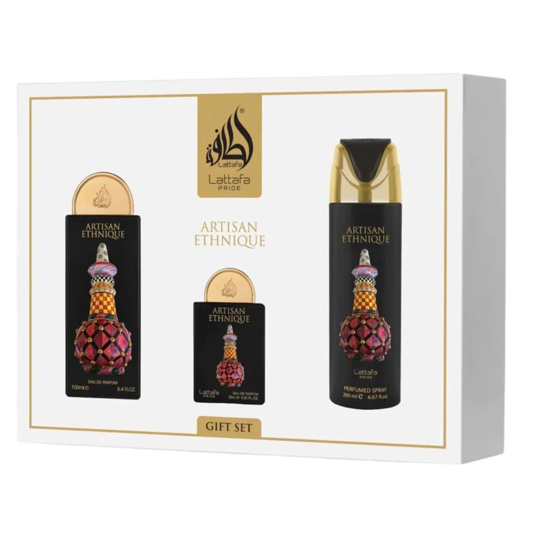 Lattafa Pride Artisan Ethnique Gift Set – Eau de Parfum 100 mL + Perfume Spray 200 mL + Pocket Perfume 20 mL