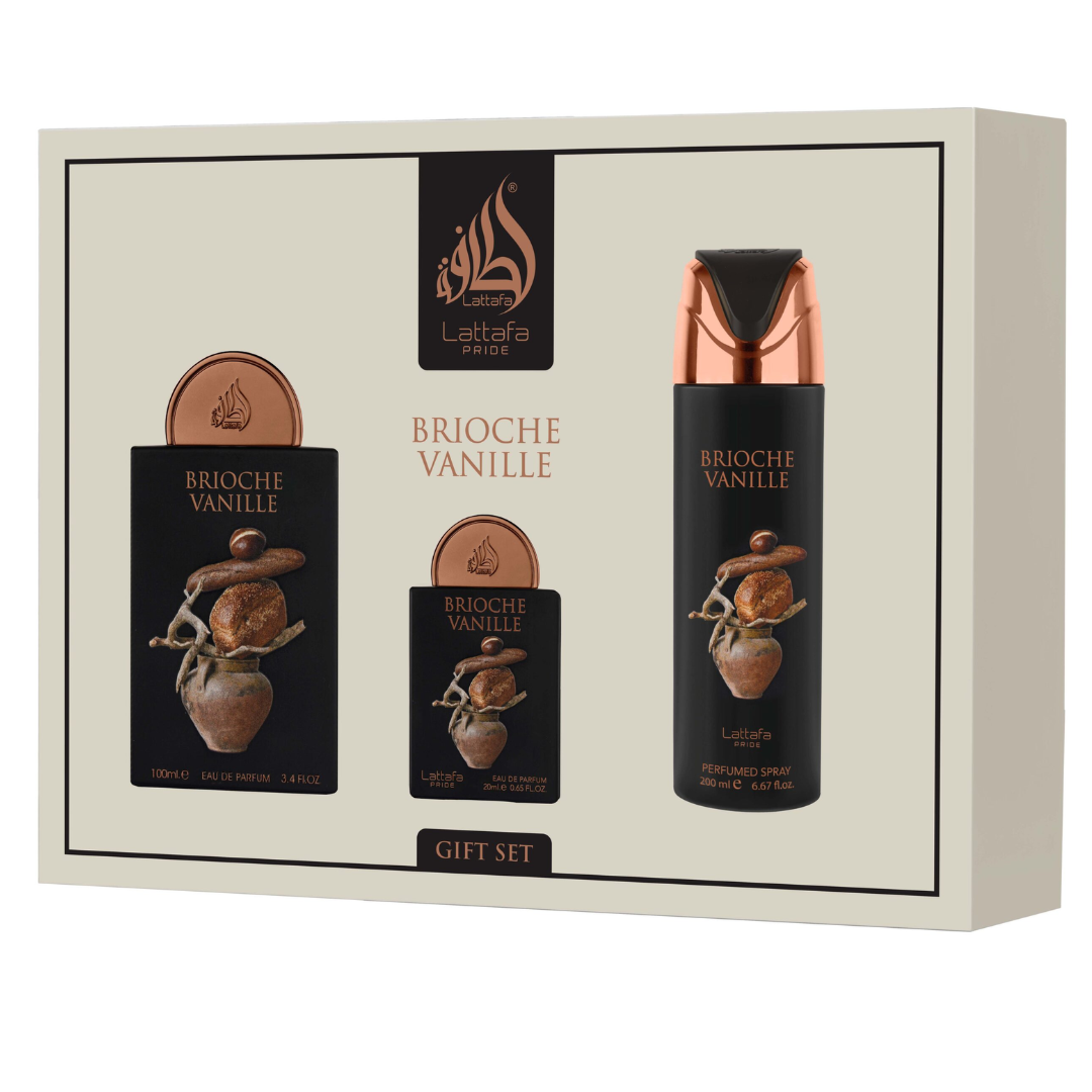 Lattafa Pride Brioche Vanille Gift Set – Eau de Parfum 100 mL + Perfume Spray 200 mL + Pocket Perfume 20 mL