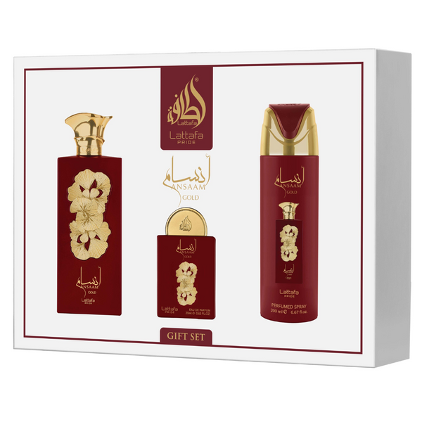 Lattafa Pride Ansaam Gold Gift Set – Eau de Parfum 100 mL + Perfume Spray 200 mL + Pocket Perfume 20 mL