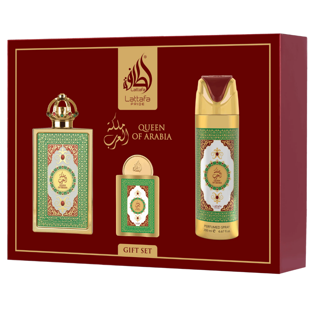 Lattafa Pride Queen of Arabia Gift Set – Eau de Parfum 100 mL + Perfume Spray 200 mL + Pocket Perfume 20 mL