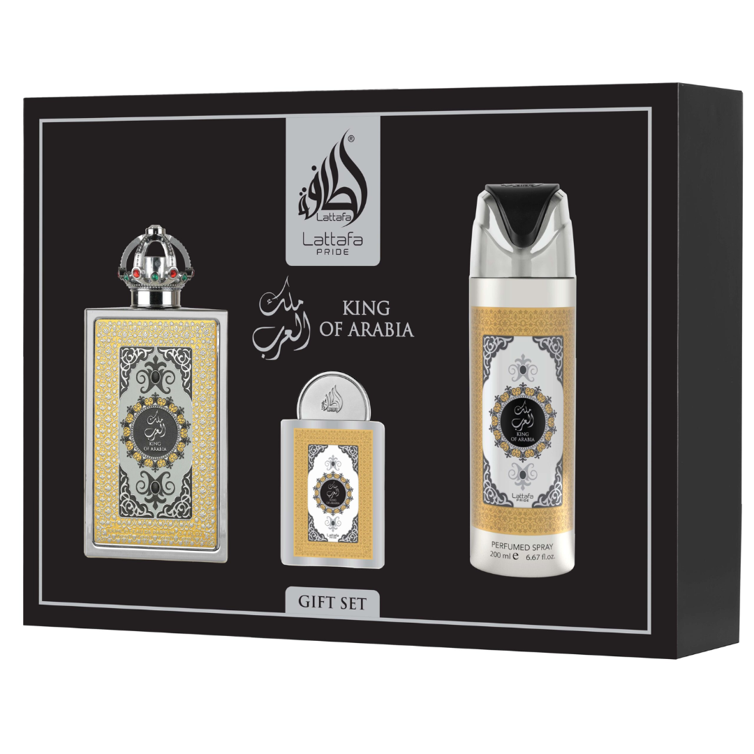 Lattafa Pride King of Arabia Gift Set – Eau de Parfum 100 mL + Perfume Spray 200 mL + Pocket Perfume 20 mL