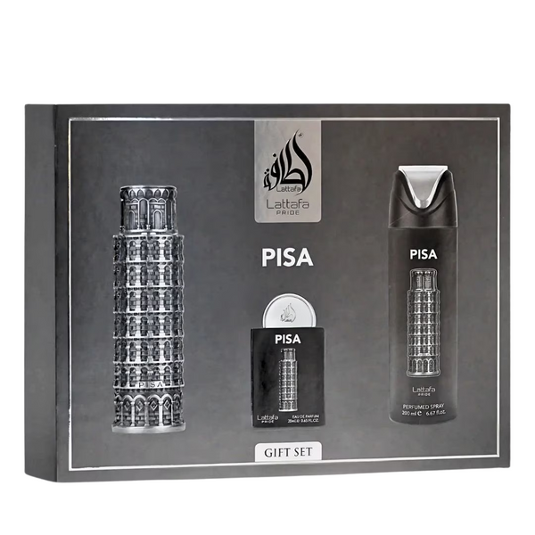 Lattafa Pride Pisa Gift Set – Eau de Parfum 100 mL + Perfume Spray 200 mL + Pocket Perfume 20 mL