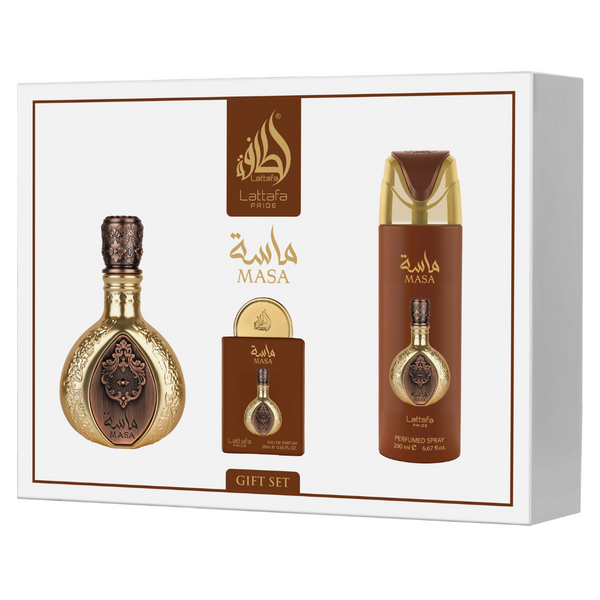 Lattafa Pride Masa Gift Set – Eau de Parfum 100 mL + Perfume Spray 200 mL + Pocket Perfume 20 mL