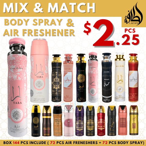 Lattafa Air Freshener 300 mL + Lattafa Body Spray 200 mL – Mixed Case (144 Pcs, 12 Assorted Scents, 100% Authentic - Bulk Depot LLC