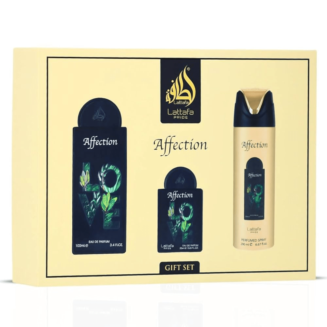 Lattafa Pride Affection Gift Set – Eau de Parfum 100 mL + Perfume Spray 200 mL + Pocket Perfume 20 mL - Bulk Depot LLC