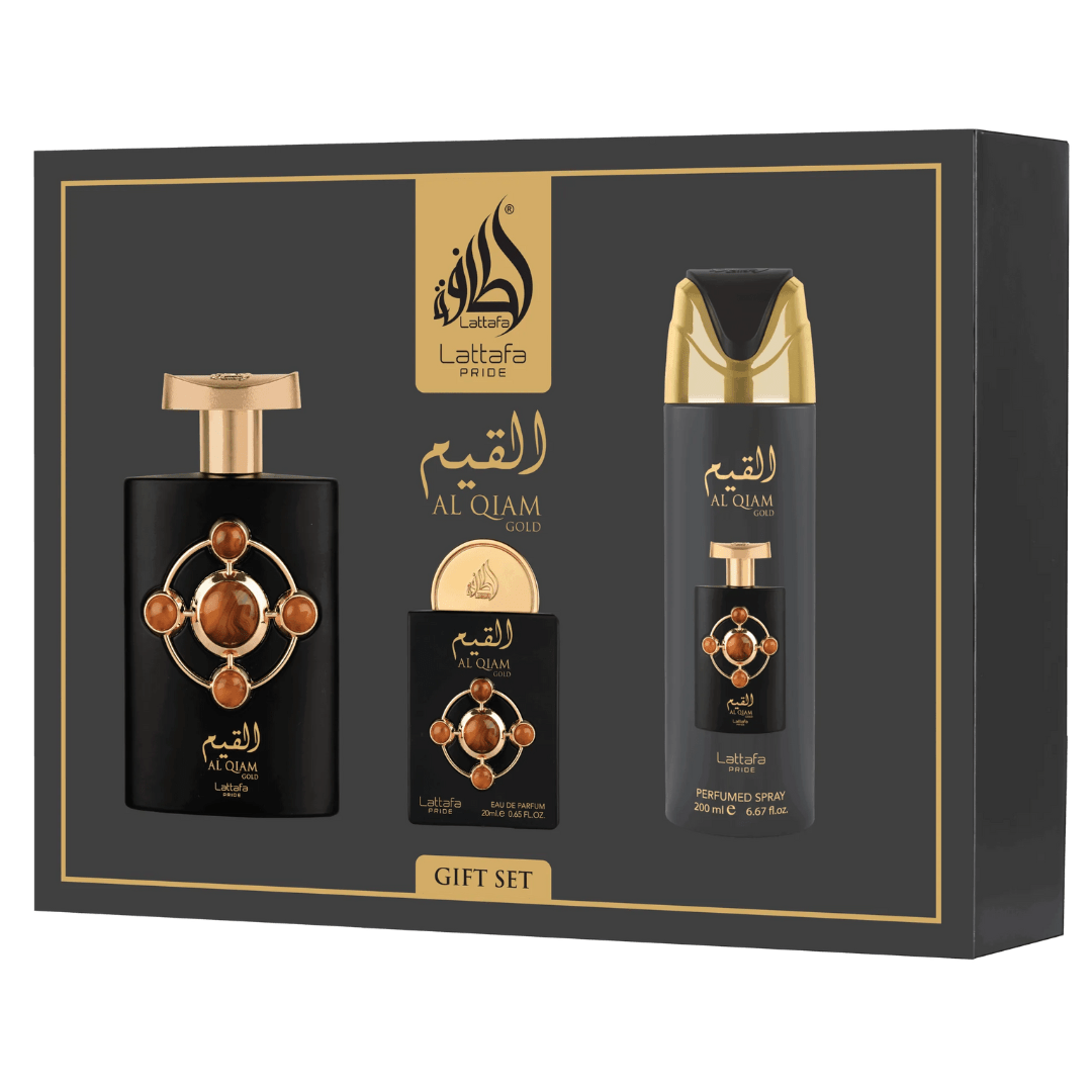 Lattafa Pride Al Qiam Gold Gift Set – Eau de Parfum 100 mL + Perfume Spray 200 mL + Pocket Perfume 20 mL - Bulk Depot LLC