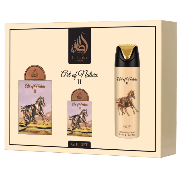 Lattafa Pride Art of Nature II Gift Set – Eau de Parfum 100 mL + Perfume Spray 200 mL + Pocket Perfume 20 mL - Bulk Depot LLC