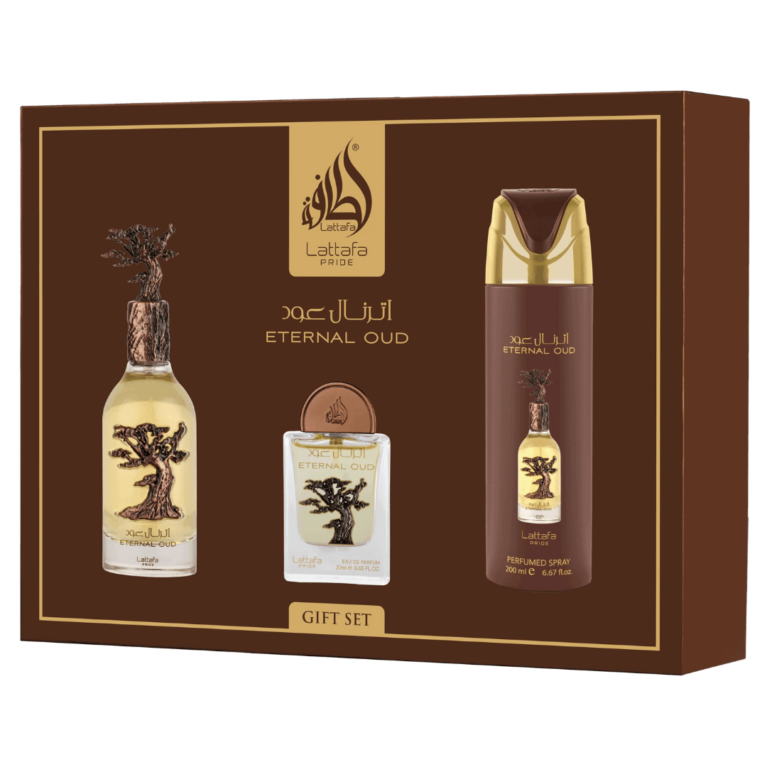 Lattafa Pride Eternal Oud Gift Set – Eau de Parfum 100 mL + Perfume Spray 200 mL + Pocket Perfume 20 mL - Bulk Depot LLC