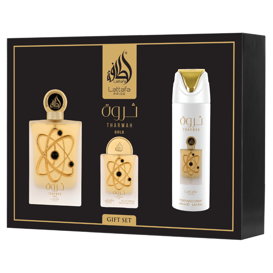 Lattafa Pride Tharwah Gold Gift Set – Eau de Parfum 100 mL + Perfume Spray 200 mL + Pocket Perfume 20 mL - Bulk Depot LLC