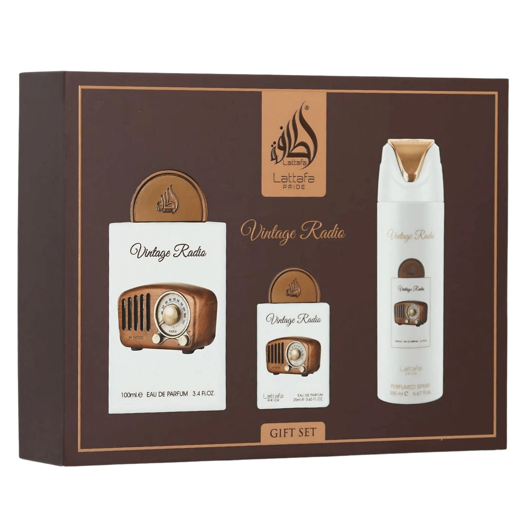 Lattafa Pride Vintage Radio Gift Set – Eau de Parfum 100 mL + Perfume Spray 200 mL + Pocket Perfume 20 mL - Bulk Depot LLC